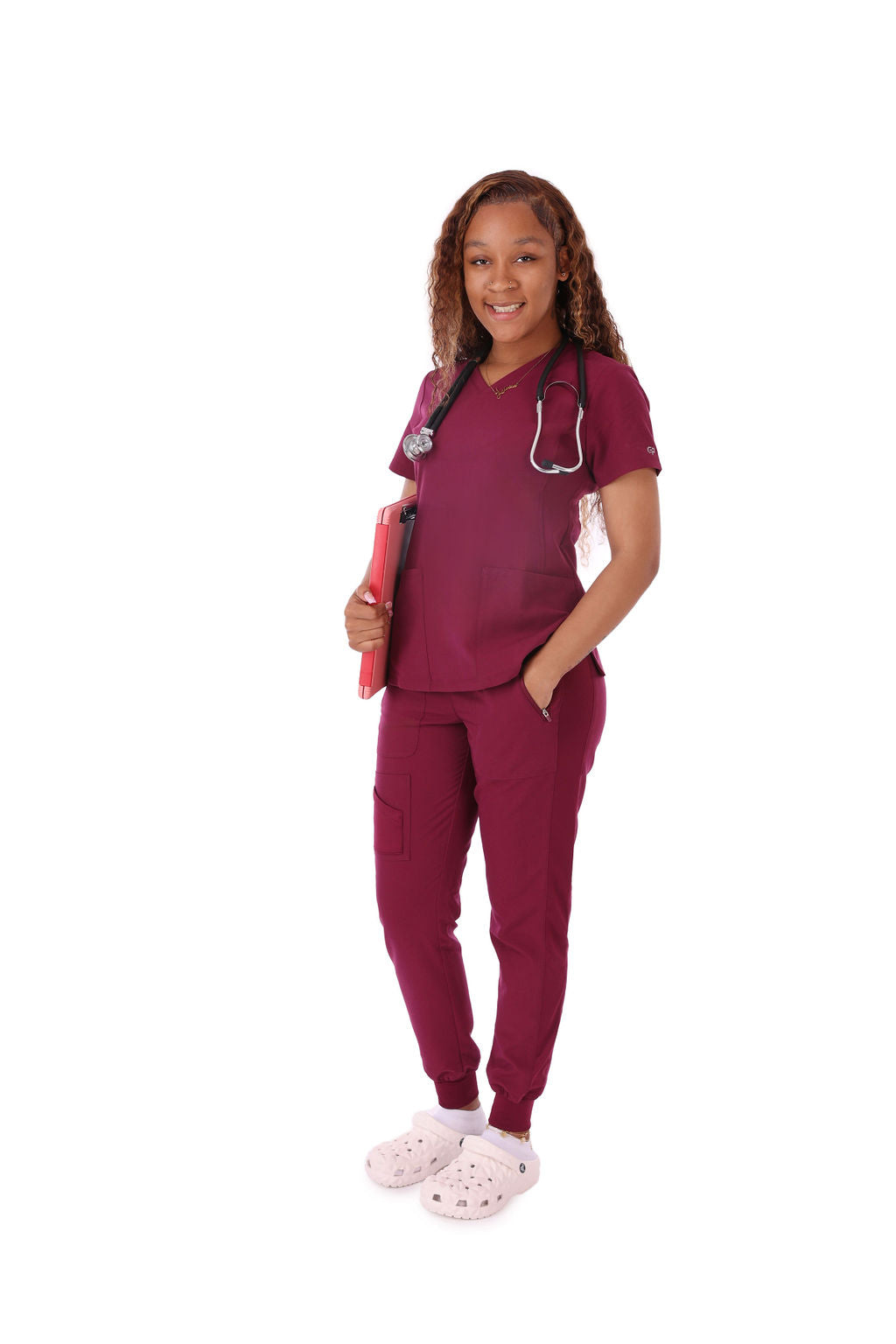 Women's Wine V-Neck Tummy Control Scrubs