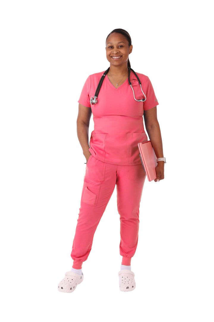 Women's Pink V-Neck Tummy Control Scrubs Set
